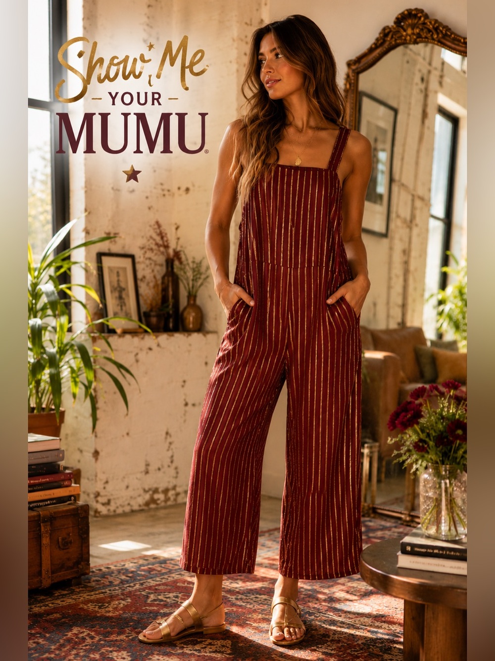 Show Me Your Mumu,Metallic Stripe Jumpsuit Gold Shimmering,Size Medium Boho Glam